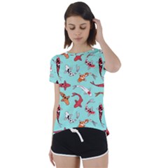 Pattern-with-koi-fishes Short Sleeve Open Back Tee by Pakemis