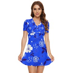 Blooming-seamless-pattern-blue-colors V-neck High Waist Chiffon Mini Dress