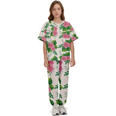 Cute-pink-flowers-with-leaves-pattern Kids  Tee And Pants Sports Set