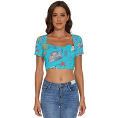 Colored-sketched-sea-elements-pattern-background-sea-life-animals-illustration Short Sleeve Square Neckline Crop Top 