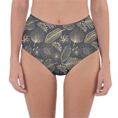 Elegant-pattern-with-golden-tropical-leaves Reversible High-waist Bikini Bottoms by Pakemis