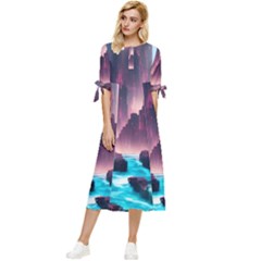 Urban City Cyberpunk River Cyber Tech Future Bow Sleeve Chiffon Midi Dress by Uceng