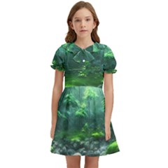 River Forest Woods Nature Rocks Japan Fantasy Kids  Bow Tie Puff Sleeve Dress by Uceng