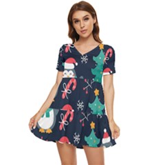 Colorful Funny Christmas Pattern Tiered Short Sleeve Babydoll Dress