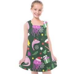 Dinosaur Colorful Funny Christmas Pattern Kids  Cross Back Dress by Uceng