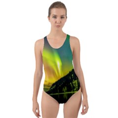 Scenic View Of Aurora Borealis Stretching Over A Lake At Night Cut-out Back One Piece Swimsuit by danenraven