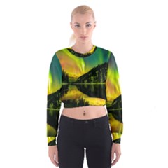 Scenic View Of Aurora Borealis Stretching Over A Lake At Night Cropped Sweatshirt by danenraven