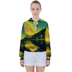 Scenic View Of Aurora Borealis Stretching Over A Lake At Night Women s Tie Up Sweat by danenraven