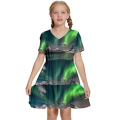 Aurora Borealis Photo Kids  Short Sleeve Tiered Mini Dress