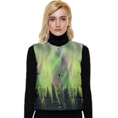 Aurora Borealis In Sky Over Forest Women s Short Button Up Puffer Vest by danenraven