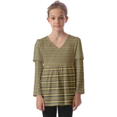 Golden Striped Decorative Pattern Kids  V Neck Casual Top