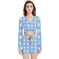 Abstract Stylish Design Pattern Blue Velvet Wrap Crop Top And Shorts Set by brightlightarts