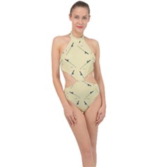 Fishing Rods Pattern Brown Halter Side Cut Swimsuit by TetiBright