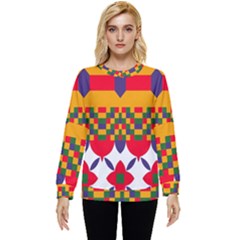 Red Flowers And Colorful Squares                                                        Hidden Pocket Sweatshirt by LalyLauraFLM