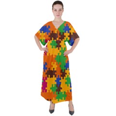 Retro Colors Puzzle Pieces                                                                           V-neck Boho Style Maxi Dress