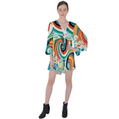 Wave Waves Ocean Sea Abstract Whimsical V-neck Flare Sleeve Mini Dress