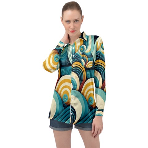 Waves Ocean Sea Abstract Whimsical (1) Long Sleeve Satin Shirt by Jancukart