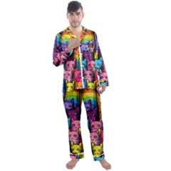 Cats Cat Cute Animal Rainbow Pattern Colorful Men s Long Sleeve Satin Pajamas Set