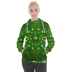 Lotus Bloom In Gold And A Green Peaceful Surrounding Environment Women s Hooded Pullover by pepitasart