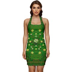 Lotus Bloom In Gold And A Green Peaceful Surrounding Environment Sleeveless Wide Square Neckline Ruched Bodycon Dress by pepitasart