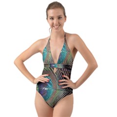 Peacock Halter Cut-out One Piece Swimsuit