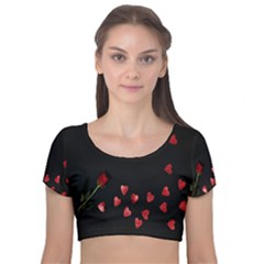 Valentine Day Heart Flower Velvet Short Sleeve Crop Top  by artworkshop