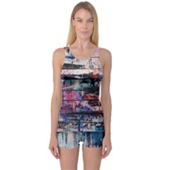 Splattered Paint On Wall One Piece Boyleg Swimsuit by artworkshop