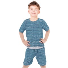 White And Blue Brick Wall Kids  Tee And Shorts Set by artworkshop