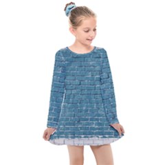 White And Blue Brick Wall Kids  Long Sleeve Dress by artworkshop