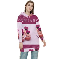 Hello February Text And Cupcakes Women s Long Oversized Pullover Hoodie