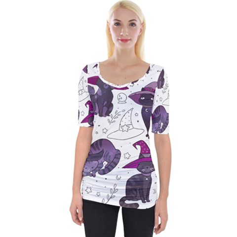 Witch Cat T- Shirt Cute Fantasy Space Witch Cats T- Shirt Wide Neckline Tee by maxcute
