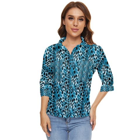 Blue Leopard Women s Quarter Sleeve Pocket Shirt by DinkovaArt