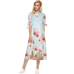 Cosmos Flower Blossom In Garden Bow Sleeve Chiffon Midi Dress by artworkshop