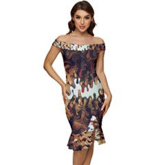 Art Installation Science Museum London Off Shoulder Ruffle Split Hem Bodycon Dress