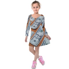 Money Pattern Kids  Long Sleeve Velvet Dress by artworkshop