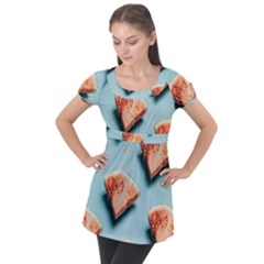 Watermelon Against Blue Surface Pattern Puff Sleeve Tunic Top by artworkshop