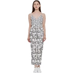 Black And White Alien Drawing Motif Pattern V-neck Spaghetti Strap Tie Front Jumpsuit by dflcprintsclothing