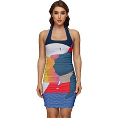 Whale Moon Ocean Digital Art Sleeveless Wide Square Neckline Ruched Bodycon Dress by Jancukart