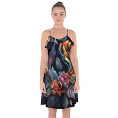 Flowers Flame Abstract Floral Ruffle Detail Chiffon Dress