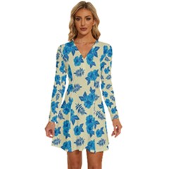 Rose Floral Seamless Pattern Long Sleeve Deep V Mini Dress 