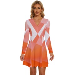 Abstract T- Shirt Peach Geometric Chess Colorful Pattern T- Shirt Long Sleeve Deep V Mini Dress 