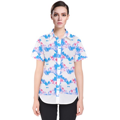 Bats Pattern T- Shirt White Bats And Bows Blue Pink T- Shirt Women s Short Sleeve Shirt by maxcute