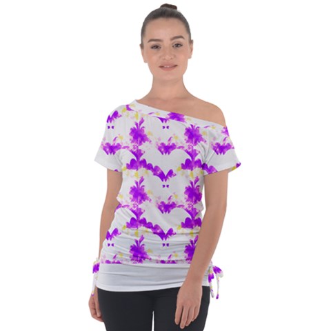 Bats Pattern T- Shirt White Bats And Bows Pink Yellow T- Shirt Off Shoulder Tie-up Tee by maxcute