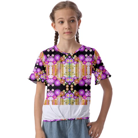 Colorful Flowers Pattern T- Shirt Colorful Wild Flowers T- Shirt Kids  Cuff Sleeve Scrunch Bottom Tee by maxcute