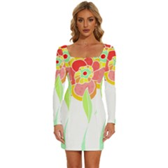 Flowers Art T- Shirtflower T- Shirt (2) Long Sleeve Square Neck Bodycon Velour Dress