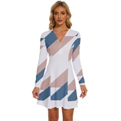 Geometric Abstract Art T- Shirt Mountain River Pattern Long Sleeve Deep V Mini Dress 