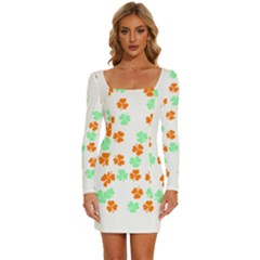 Irish T- Shirt Shamrock Pattern In Green White Orange T- Shirt Long Sleeve Square Neck Bodycon Velour Dress