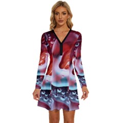 Abstract Art Texture Bubbles Long Sleeve Deep V Mini Dress 