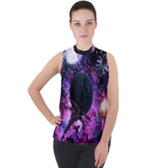 Spaceship Alien Futuristic Mock Neck Chiffon Sleeveless Top by Ravend