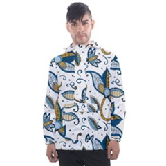 Flowers Blue Texture Style Batik Men s Front Pocket Pullover Windbreaker by Jancukart